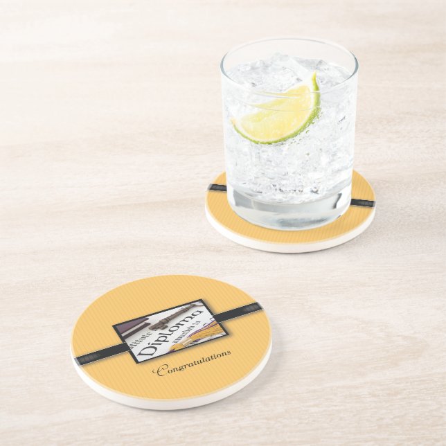 Graduation Diploma, Black, Gold, Round Gift Coaster (Side)