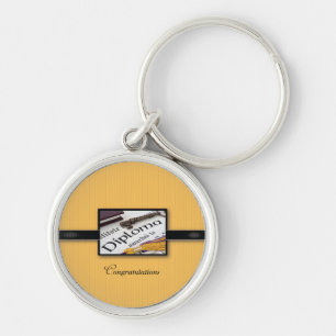 Graduation Diploma, Black, Gold, Round Gift Keychain