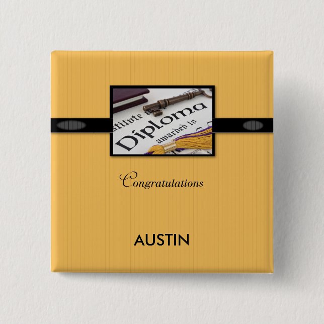 Graduation Diploma, Black, Gold, Square Gift 2 Inch Square Button (Front)