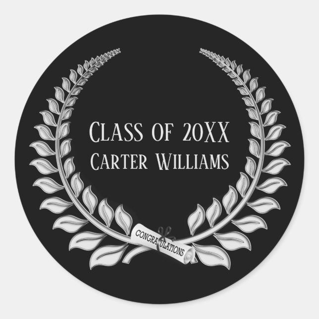 Graduation Diploma Silver Laurel on Black Classic Round Sticker (Front)