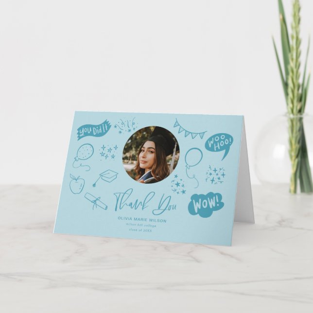 Graduation Doodle With Graduate Photo Blue Thank You Card (Front)