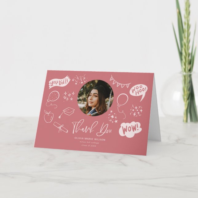 Graduation Doodle With Graduate Photo Blush Pink Thank You Card (Front)