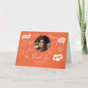 Graduation Doodle With Graduate Photo Orange Thank You Card