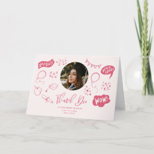 Graduation Doodle With Graduate Photo Pink Thank You Card