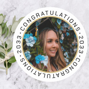 Graduation Elegant Gold Black Custom Photo Classic Round Sticker