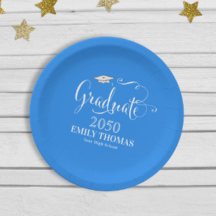 Graduation Elegant Modern Calligraphy Script  Blue Paper Plate