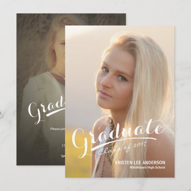 Graduation Elegant White Script Overlay Photo Invitation (Front/Back)