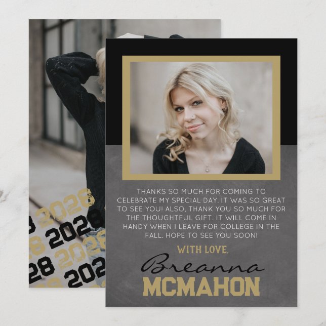Graduation en noir et bronze 2 Carte de remercieme (Devant / Derrière)