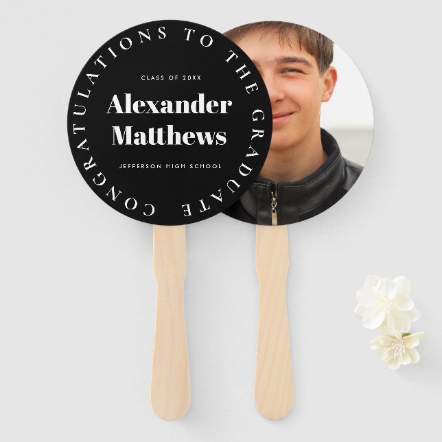 Graduation Fan Your School Class Male Photo Black (Front and Back)