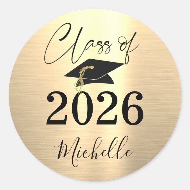 Graduation Faux Metallic Gold Handwritten Script Classic Round Sticker (Front)