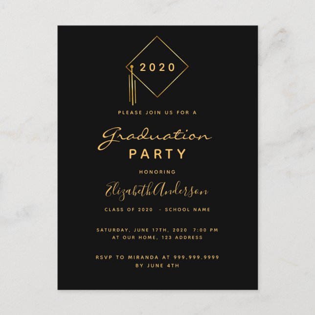 Graduation fête moderne or noir invitation (Devant)