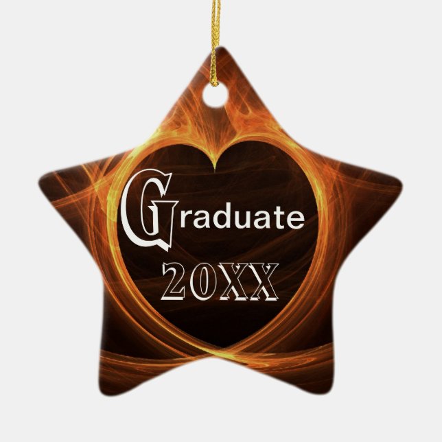 Graduation Flaming Orange  Heart Design Keepsake Ceramic Ornament (Front)