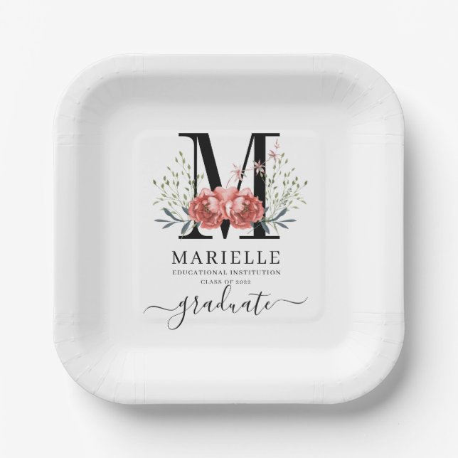Graduation Floral Monogram Logo Party Paper  Plate (Front)