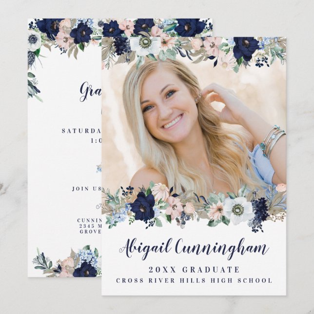 Graduation Floral Navy Blue Blush Pink Script Invitation (Front/Back)
