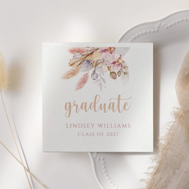 Graduation Floral Pampas Grass Neutral Tones Paper Napkin (Creator Uploaded)