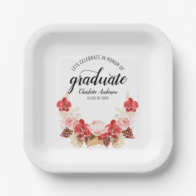 Graduation Floral Pink Roses Party  Paper Plate (Front)