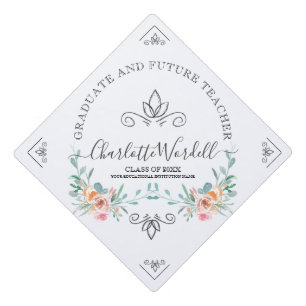 Graduation Future Teacher Floral Script Name White Cap Topper