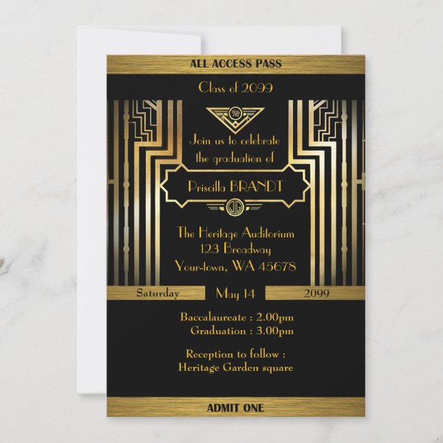 Graduation, Gatsby style, ticket, black gold Invitation (Front)