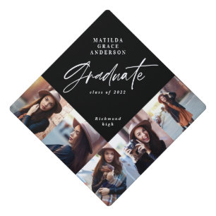 Graduation gift multi photo modern elegant script  cap topper