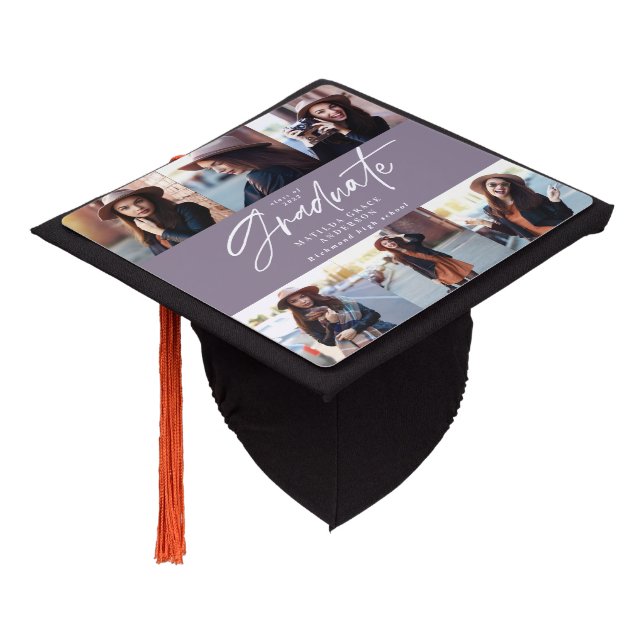 Graduation gift multi photo modern elegant script cap topper (Angled)