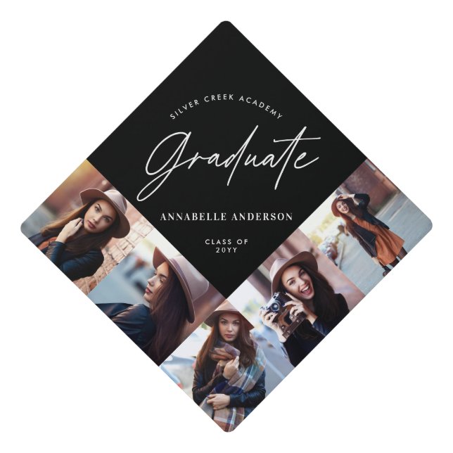 Graduation gift multi photo modern elegant script  cap topper (Front)