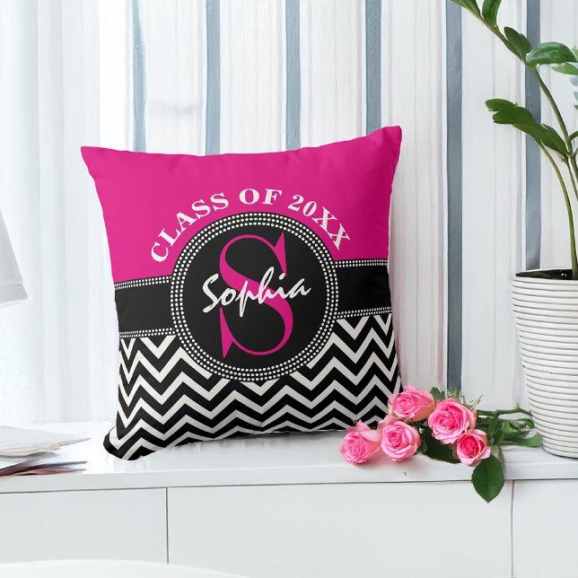 Graduation Girl Hot Pink and Black Class Year Throw Pillow (Creator Uploaded)