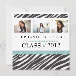 Graduation Glamour Girl Zebra Print with Aqua Invitation