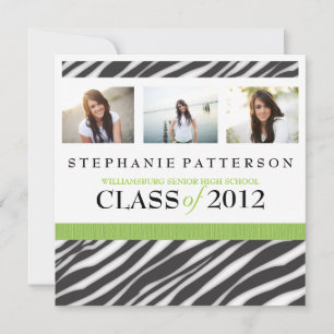 Graduation Glamour Girl Zebra Print with Green Invitation