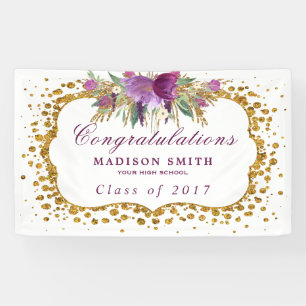 Graduation Glitter Watercolor Flower Gold Confetti Banner