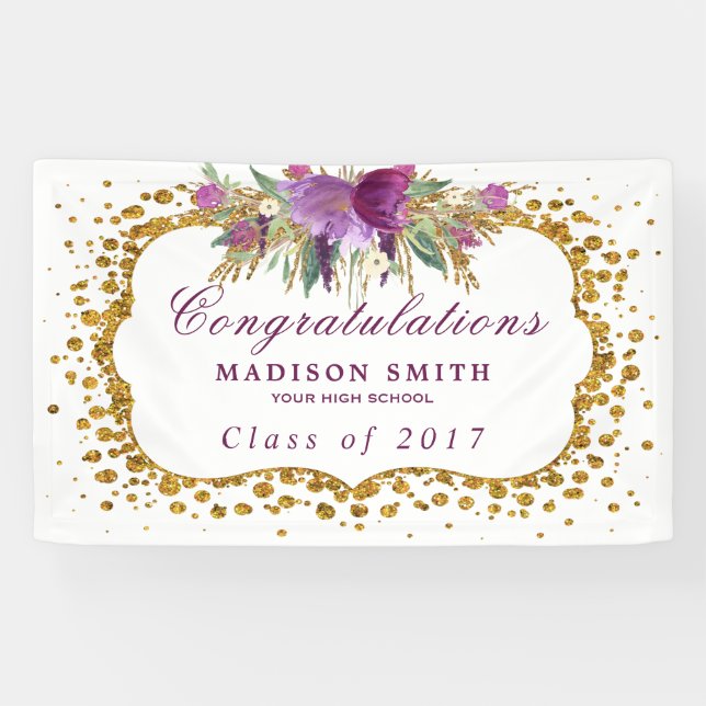 Graduation Glitter Watercolor Flower Gold Confetti Banner (Horizontal)