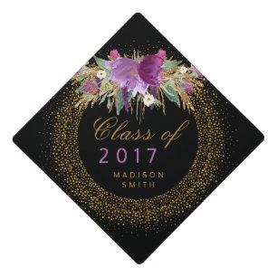 Graduation Glitter Watercolor Flower Gold Confetti Cap Topper