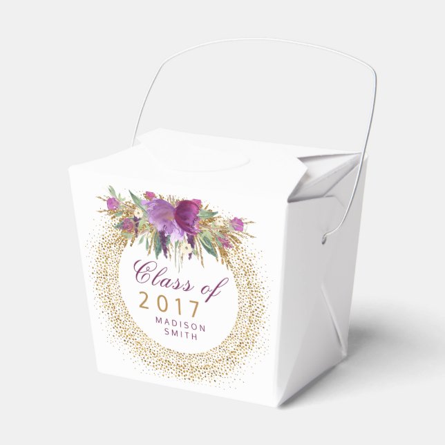Graduation Glitter Watercolor Flower Gold Confetti Favor Box (Front Side)