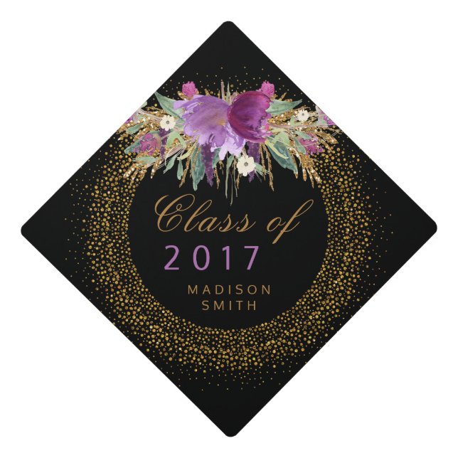 Graduation Glitter Watercolor Flower Gold Confetti Graduation Cap Topper (Front)