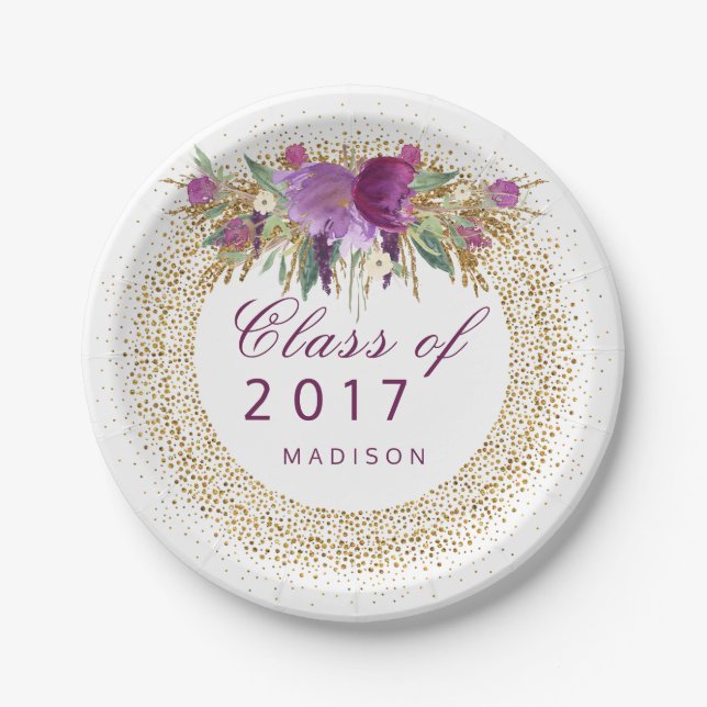 Graduation Glitter Watercolor Flower Gold Confetti Paper Plate (Front)