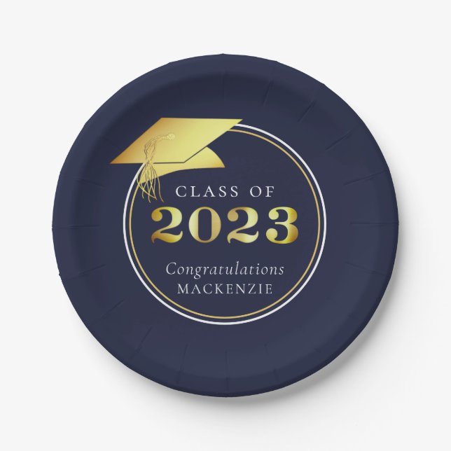 Graduation Gold 2023 Navy Blue or Custom Colour Paper Plate (Front)