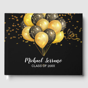 Graduation Gold And Black Balloons And Confetti Guest Book