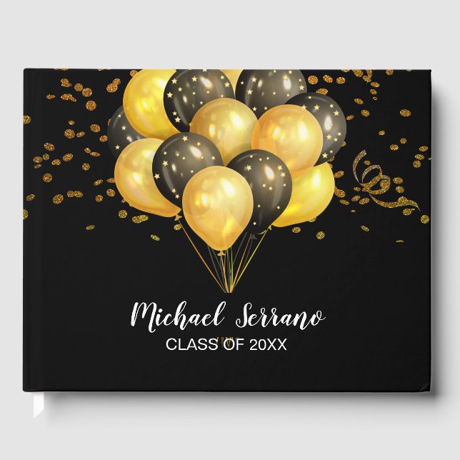 Graduation Gold And Black Balloons And Confetti Guest Book (Front)