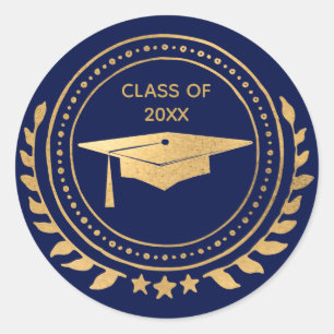 Graduation Gold Blue Grad Cap Classic Class of Classic Round Sticker