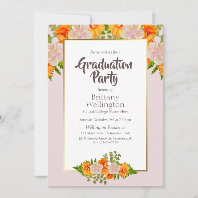 Graduation Gold Blush Pink Orange Floral Party Invitation (Front)
