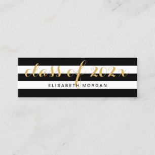 Graduation Gold Calligraphy Black White Stripes Calling Card