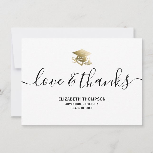 Graduation Gold Cap Love & Thanks Modern Script Thank You Card (Front)