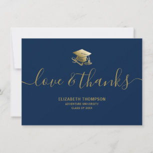Graduation Gold Cap Love & Thanks Script Blue Thank You Card