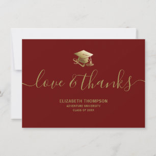Graduation Gold Cap Love & Thanks Script Maroon Thank You Card