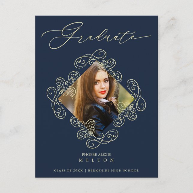 Graduation Gold Diamond Flourish Photo Invitation Postcard (Front)