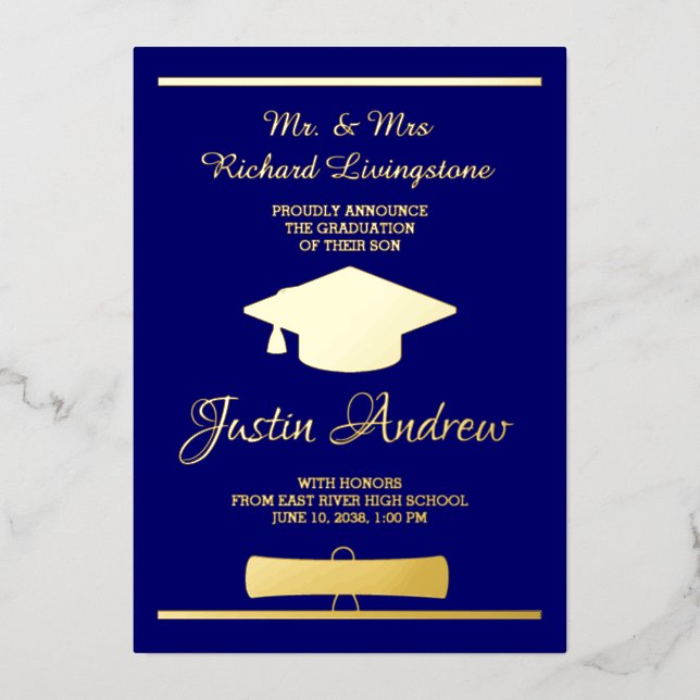 Graduation Gold Foil Blue Announcement Card (Front)