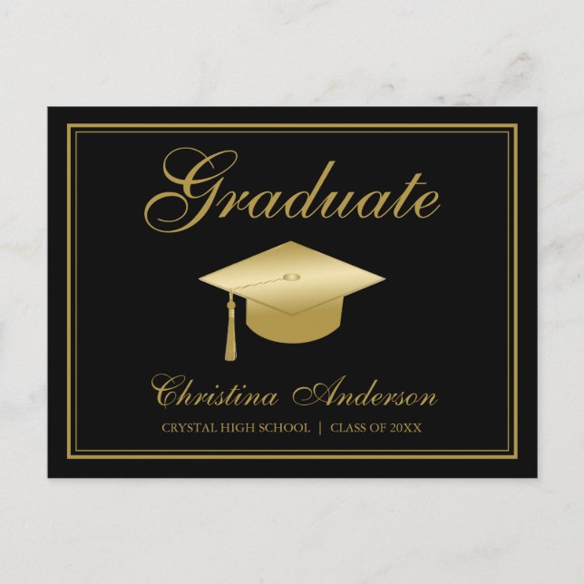 Graduation Gold Grad Cap & Script on Black Party Invitation Postcard (Front)