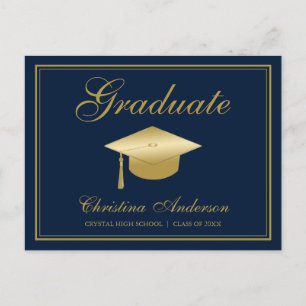 Graduation Gold Grad Cap & Script on Blue Party Invitation Postcard