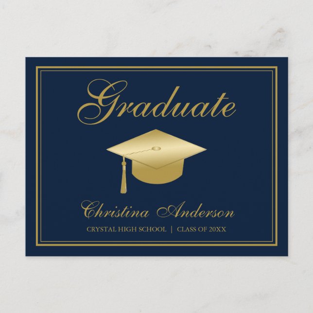 Graduation Gold Grad Cap & Script on Blue Party Invitation Postcard (Front)