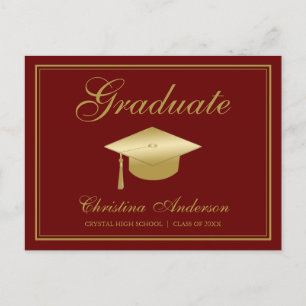 Graduation Gold Grad Cap & Script on Maroon Party Invitation Postcard