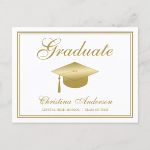 Graduation Gold Grad Cap & Script on White Party Invitation Postcard